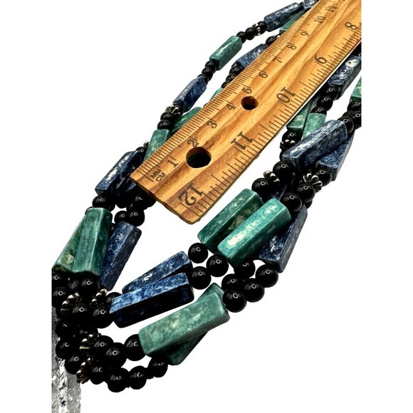 Multi Strand Boho Blue Green Boho Necklace Rectangle Shape Acrylic Beads - Picture 7 of 9